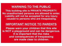 Scan 4251 Building Site Warning to Public & Parents - PVC Sign 600 x 400mm